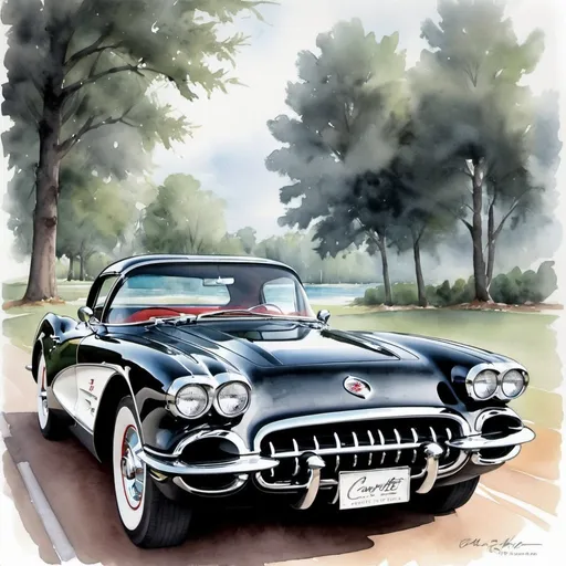 Prompt: Beautiful watercolor print with black & white 1960 corvette classic