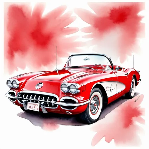 Prompt: Beautiful watercolor print in red & white 1959 corvette