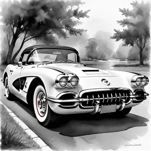 Prompt: Beautiful watercolor print in black & white 1960 corvette classic