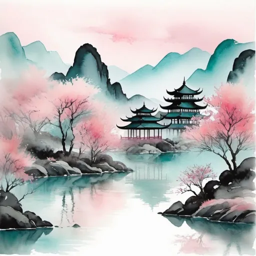 Prompt: Beautiful watercolor print of asian landscape in soft colors, pinks and teal, black