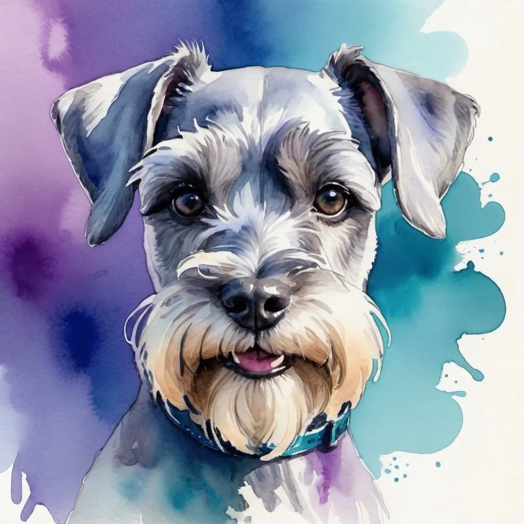 Prompt: Watercolor drawing of Miniature Schnauzer with blue, purple, teal colors
