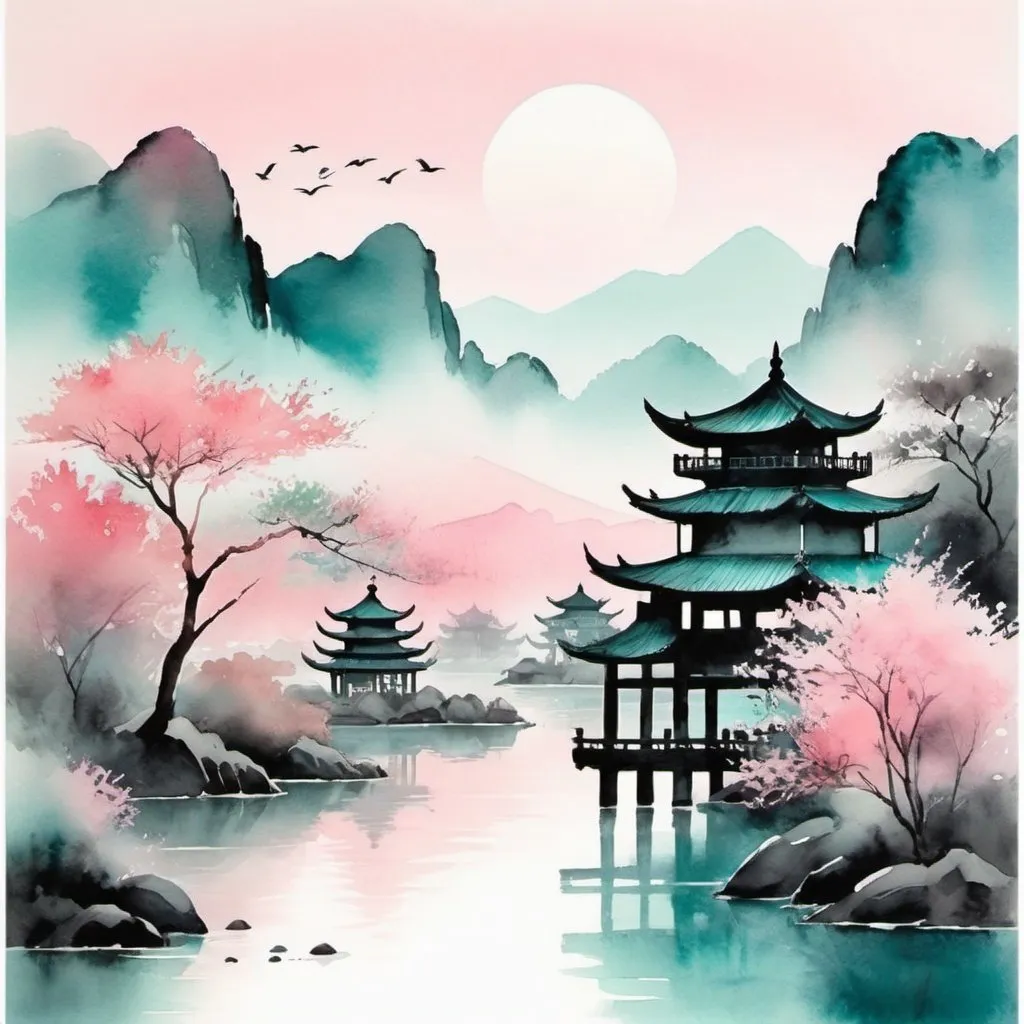 Prompt: Beautiful watercolor print of asian landscape in soft colors, pinks and teal, black