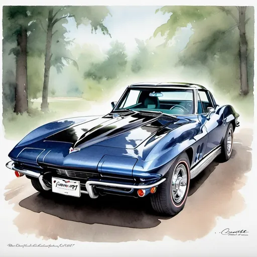Prompt: Beautiful watercolor print with a black & white 1967 corvette classic