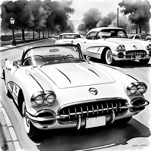 Prompt: Beautiful watercolor print in black & white 1960 corvette classic