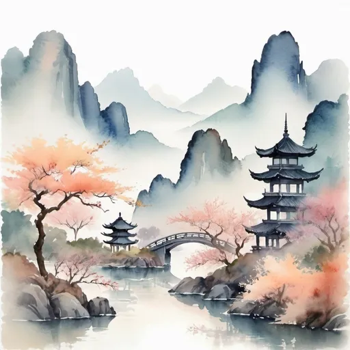 Prompt: Beautiful watercolor print of asian landscape in soft colors