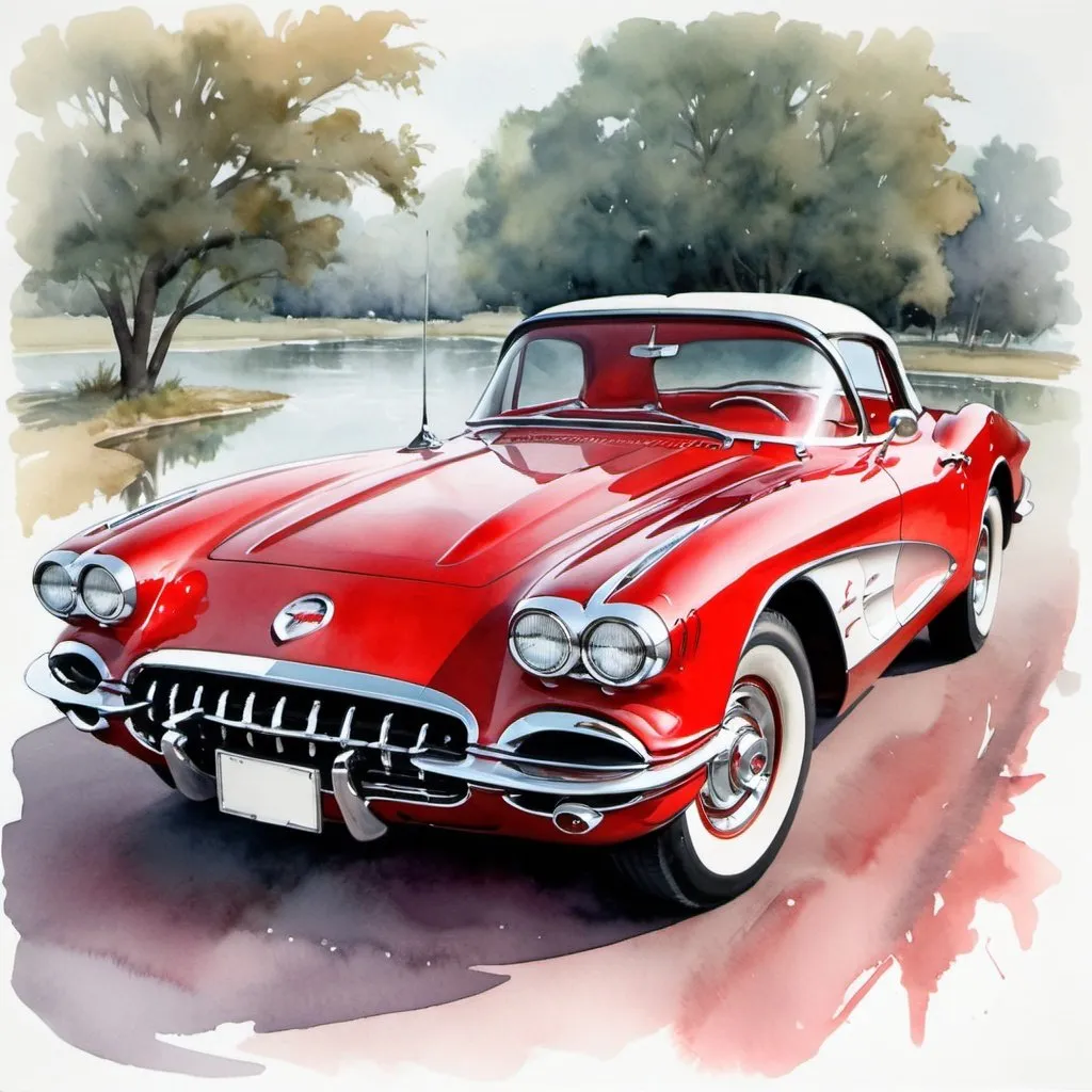 Prompt: Beautiful watercolor print in red & white 1960 corvette