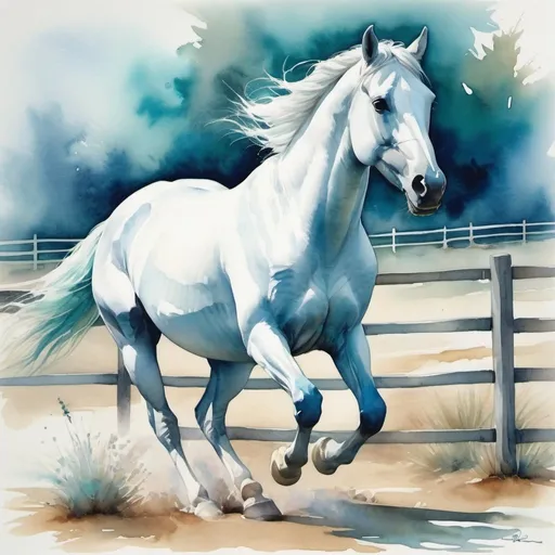 Prompt: Beautiful watercolor painting in white blue &teal, of white horse running in fenced in area 