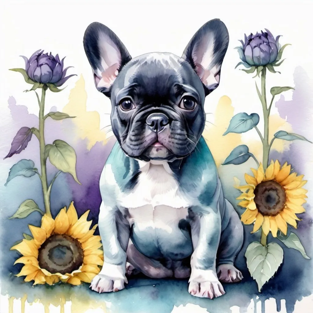 Prompt: Beautiful watercolor painting of french bulldog puppy in blue, teal, gray, purple sitting around sunflowers