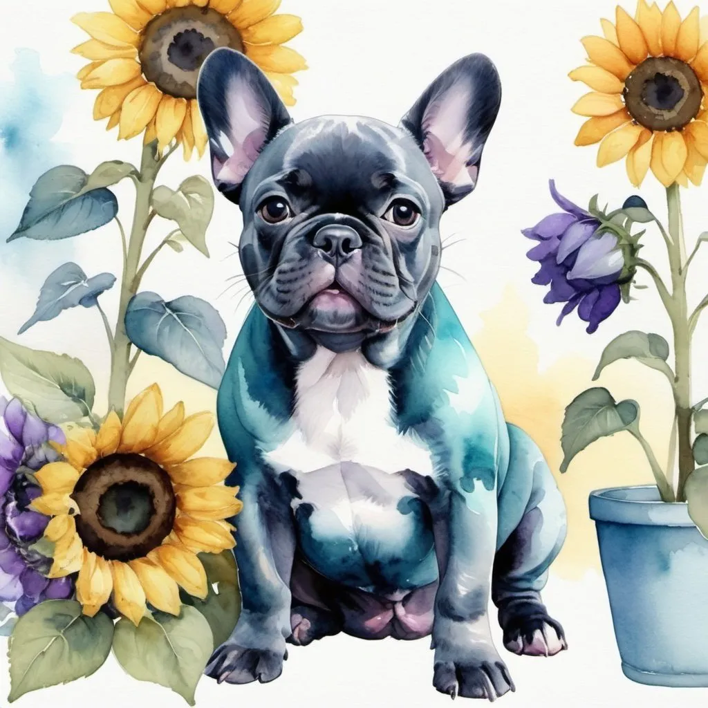 Prompt: Beautiful watercolor painting of french bulldog puppy in blue, teal, gray, purple sitting around sunflowers