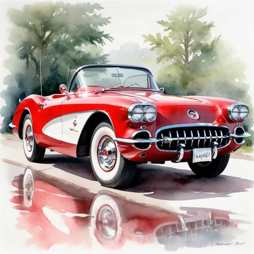 Prompt: Beautiful watercolor print in red & white 1957 corvette