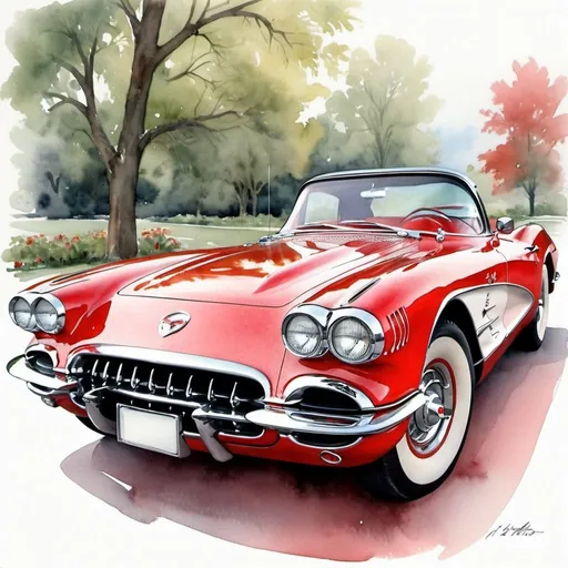 Prompt: Beautiful watercolor print in red & white 1960 corvette