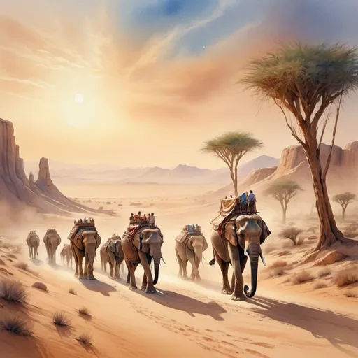 Prompt: Watercolor of a desert caravan in a fantasy world with elephants and camels, moving away into the distance 