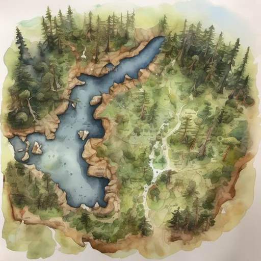 Prompt:  birds eye view of ancient forest map, watercolour