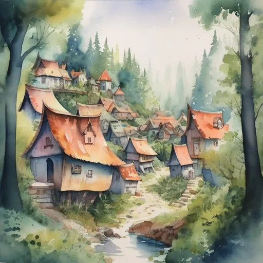 Prompt: a fantasy village surrounded by dense forest, watercolour