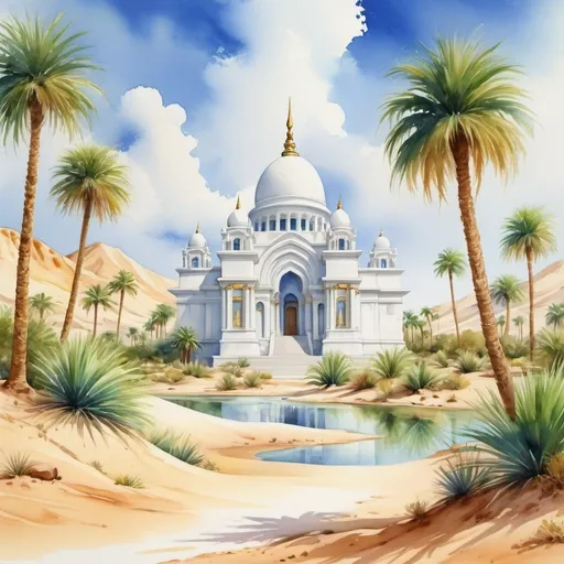 Prompt: Watercolor of a desert oasis with a large white temple in the middle with water flowing freely 