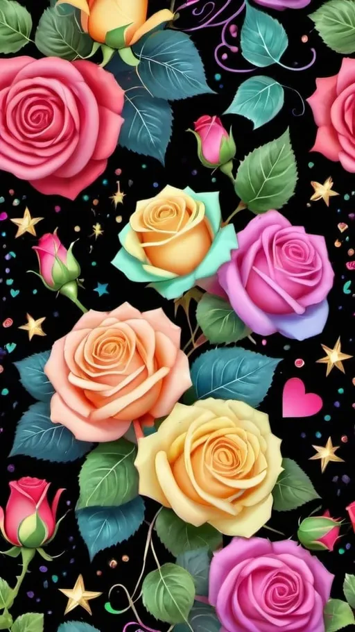 Prompt: best quality, 4K, black background, pattern, multicolored roses, ivy vines, stars, hearts, sparkles, colorful particles, semi abstract swirls, floral accents, floral designs, colorful, vibrant colors, pastel colors, highly detailed, calligraphy style semi abstract, semi realistic, vibrant color grading, pastel color grading