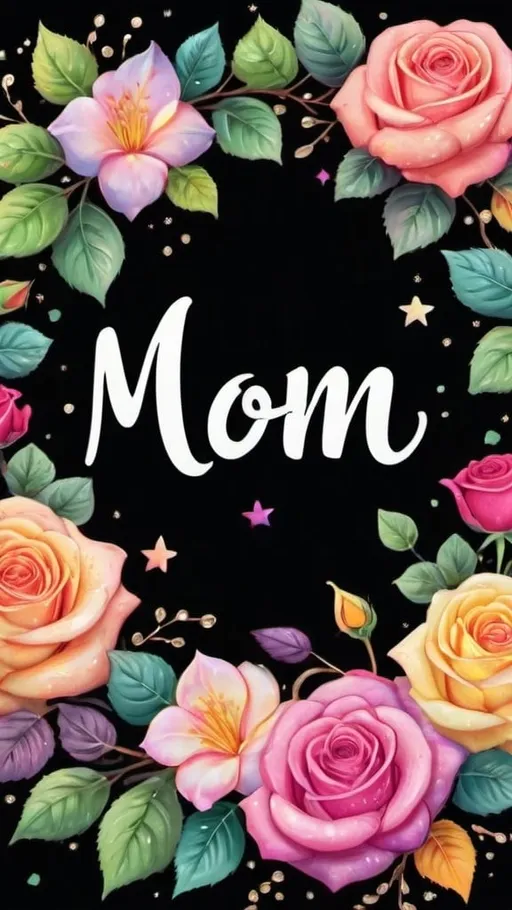 Prompt: best quality, 4K, black background, the word "Mom", spelled M O M, in cursive in the center, border of multicolored roses, ivy vines, pattern of stars, hearts, sparkles, colorful particles, semi abstract swirls, floral accents, floral designs, colorful, vibrant colors, pastel colors, highly detailed, calligraphy style, semi abstract, semi realistic, vibrant color grading, pastel color grading