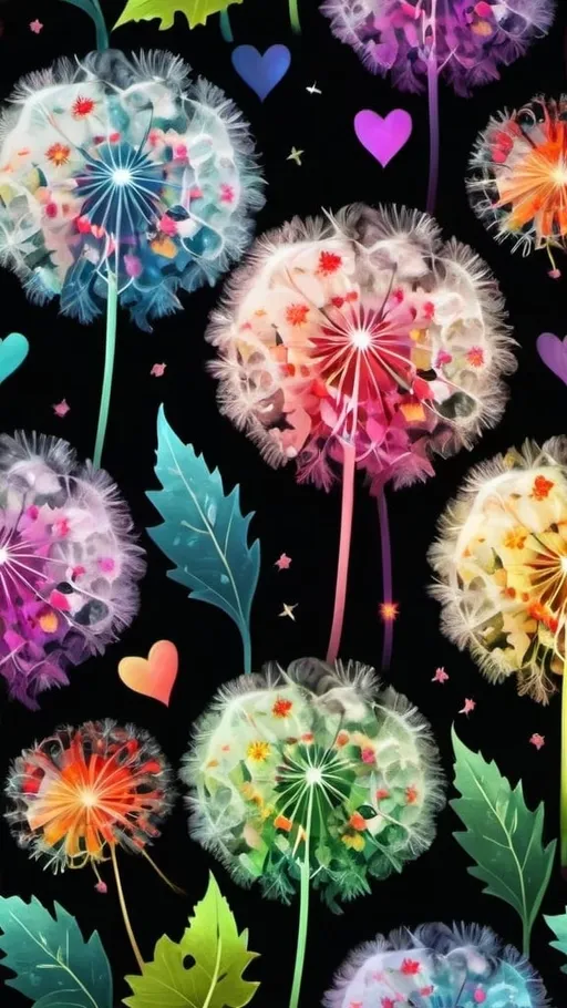 Prompt: best quality, 4K, black background, pattern, multicolored puffy dandelions, ivy vines, stars, hearts, sparkles, colorful particles, semi abstract swirls, floral accents, floral designs, colorful, vibrant colors, pastel colors, highly detailed, calligraphy style semi abstract, semi realistic, vibrant color grading, pastel color grading