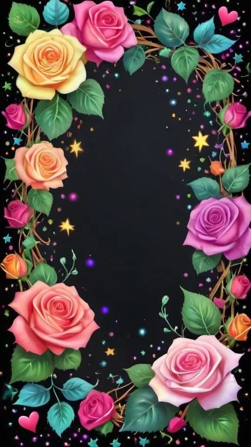 Prompt: best quality, 4K, black background, border of multicolored roses, ivy vines, pattern of stars, hearts, sparkles, colorful particles, semi abstract swirls, floral accents, floral designs, colorful, vibrant colors, pastel colors, highly detailed, calligraphy style semi abstract, semi realistic, vibrant color grading, pastel color grading