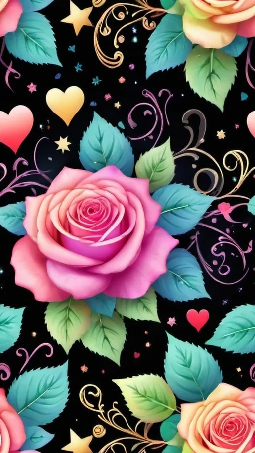 Prompt: best quality, 4K, black background, pattern, multicolored roses, ivy vines, stars, hearts, sparkles, colorful particles, semi abstract swirls, floral accents, floral designs, colorful, vibrant colors, pastel colors, highly detailed, calligraphy style semi abstract, semi realistic, vibrant color grading, pastel color grading