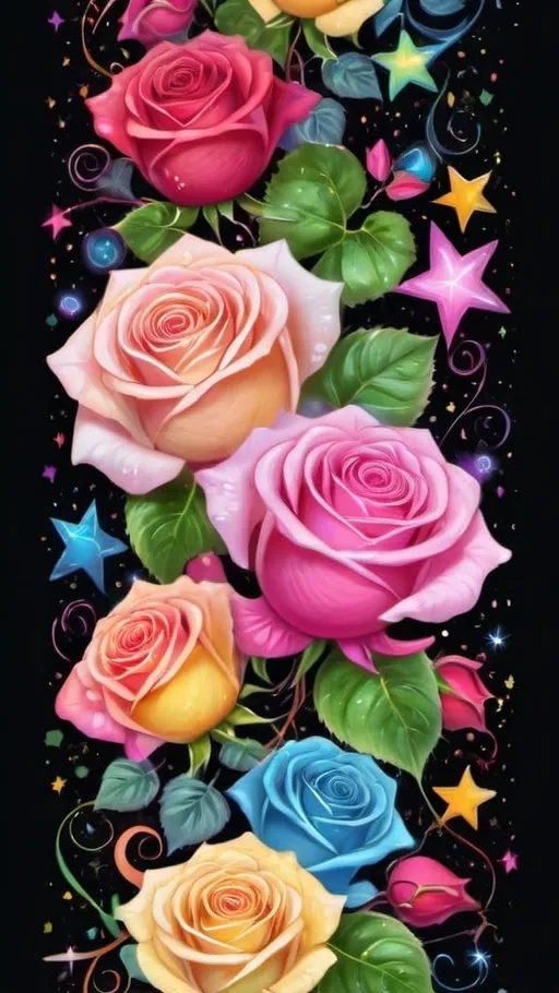 Prompt: best quality, 4K, black background, border of multicolored roses, ivy vines, pattern of stars, hearts, sparkles, colorful particles, semi abstract swirls, floral accents, floral designs, colorful, vibrant colors, pastel colors, highly detailed, calligraphy style semi abstract, semi realistic, vibrant color grading, pastel color grading
