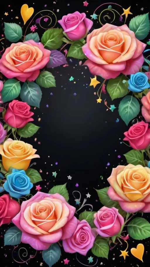 Prompt: best quality, 4K, black background, border of multicolored roses, ivy vines, pattern of stars, hearts, sparkles, colorful particles, semi abstract swirls, floral accents, floral designs, colorful, vibrant colors, pastel colors, highly detailed, calligraphy style semi abstract, semi realistic, vibrant color grading, pastel color grading