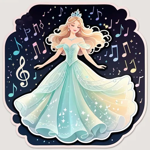 Prompt: Ethereal music princess surrounded by glowing musical notes, pastel color palette, soft and dreamy lighting, flowing gown with intricate details, magical atmosphere, high quality, digital painting, pastel tones, dreamy lighting, glowing musical notes, ethereal atmosphere, intricate gown details, musical princess, love theme