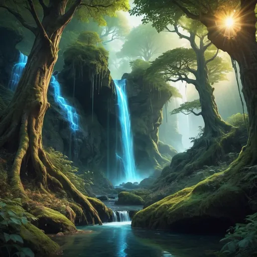 Prompt: 	Fantasy Landscapes: “Generate an image of a mystical forest with glowing trees and a hidden waterfall