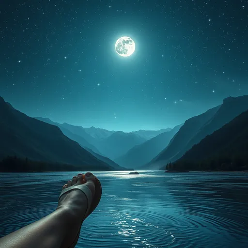 Prompt: (sandal), serene river scene, breathtaking mountainous landscape, enchanting night sky filled with shimmering stars, soft cool tones, gentle ripple reflections on water, mystical ambiance, calm atmosphere, high detail textures, tranquil moonlight illuminating surroundings, peaceful exploration, ultra-detailed, harmonious nature.