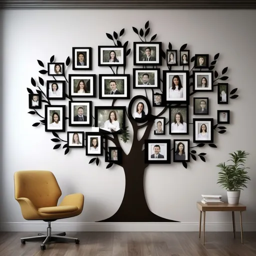 Prompt: I need a tree with empty frames to put the pictures of the employees of my company as a one family. Make it modern and professional