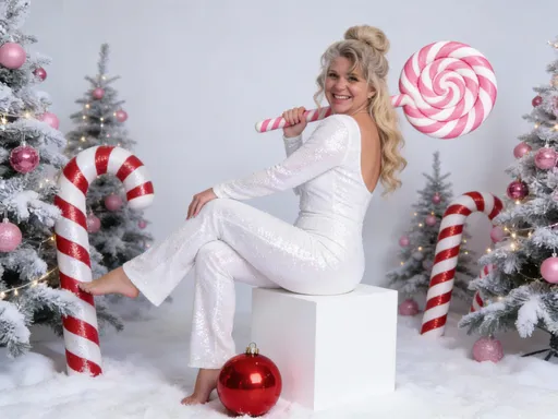 Prompt: Create an ultra-realistic 8K Christmas portrait using a 55mm lens with bright, playful holiday lighting. The woman is in a whimsical candy-cane themed photoshoot, surrounded by pink giant peppermint decorations, snowy ground, festive trees, and oversized ornaments. Use her real facial features exactly as they are — do NOT change or alter her face in any way. She has long blonde hair styled in a soft textured holiday updo with loose face-framing curls. She haa hazel green eyes, slightly glowing from the Christmas lights around her. Her makeup is festive glam — winged liner, warm eyeshadow, rosy cheeks, and a bold holiday soft pink lips. She wears a sparkly white long-sleeve pants jumpsuit , fitted and shimmering with sequins. The back of the jumpsuit has a scoop-back cut, adding keeping the holiday sparkle. She is sitting on a white cube block, posing with one leg lifted and crossed, similar to the reference image. Her expression is playful and confident, smiling warmly toward the camera. In her hand, she holds a giant pink-and-white peppermint lollipop prop, resting it over her shoulder in a fun, candy-land pose. Around her is a fully decorated Christmas set: • Snowy ground with fluffy artificial snow • Christmas trees dusted with frost, decorated with pink ornaments and string lights • Oversized andy canes framing whimsical eside her • A large shiny red Christmas ornament near her feet Lighting should be bright, clean, and festive, capturing the glimmer of the sequins and the pink candy-themed props. The colors are vibrant reds, whites, and silvers, giving a magical North Pole holiday studio vibe.