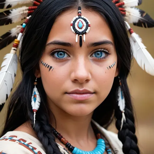 Prompt: 4k photo, American Indian girl, blue eyes and black hair. 