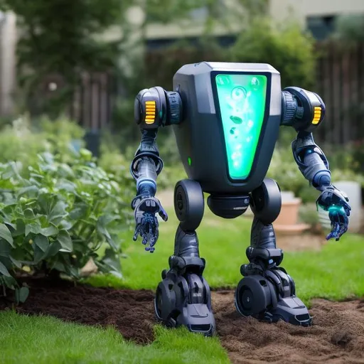 Prompt: a futuristic gardening robot equipped with advanced sensors and AI. This bot hovers above the ground using anti-gravity technology, allowing it to navigate rough terrains effortlessly. It's equipped with robotic arms for planting, pruning, and watering plants. The bot's body is sleek, made of lightweight yet durable materials, and it has glowing LEDs indicating its operational status, soft lighting, 3d render, realistic render with realistic material textures