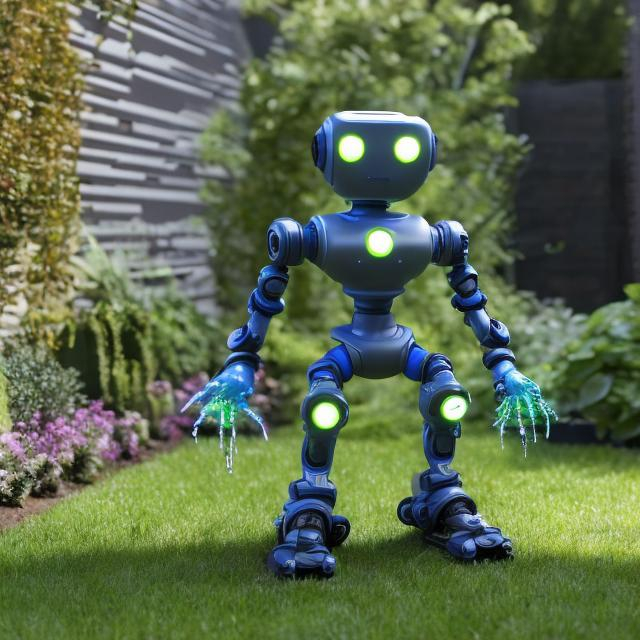 Prompt: a futuristic gardening robot equipped with advanced sensors and AI. This bot hovers above the ground using anti-gravity technology, allowing it to navigate rough terrains effortlessly. It's equipped with robotic arms for planting, pruning, and watering plants. The bot's body is sleek, made of lightweight yet durable materials, and it has glowing LEDs indicating its operational status, soft lighting, 3d render, realistic render with realistic material textures