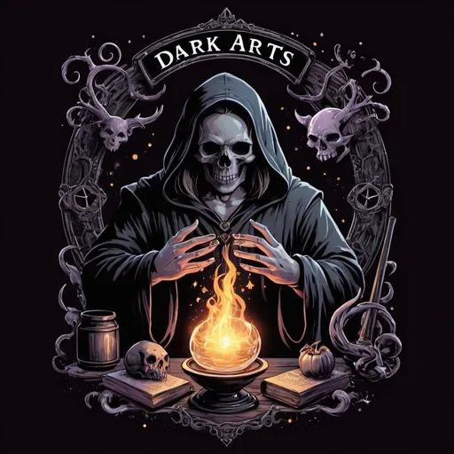 Prompt: Dark arts magical spell shirt design