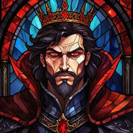 Prompt: Fantasy illustration of a dark-haired evil king, regal attire, sinister expression, ominous aura, detailed fantasy art, high quality, dramatic lighting, piercing red eyes, intimidating presence, red color tones, artstyle-renaissance, dark fantasy, detailed features, professional