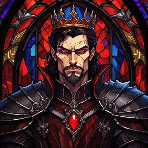 Prompt: Fantasy illustration of a dark-haired evil king, regal attire, sinister expression, ominous aura, detailed fantasy art, high quality, dramatic lighting, piercing red eyes, intimidating presence, red color tones, artstyle-renaissance, dark fantasy, detailed features, professional