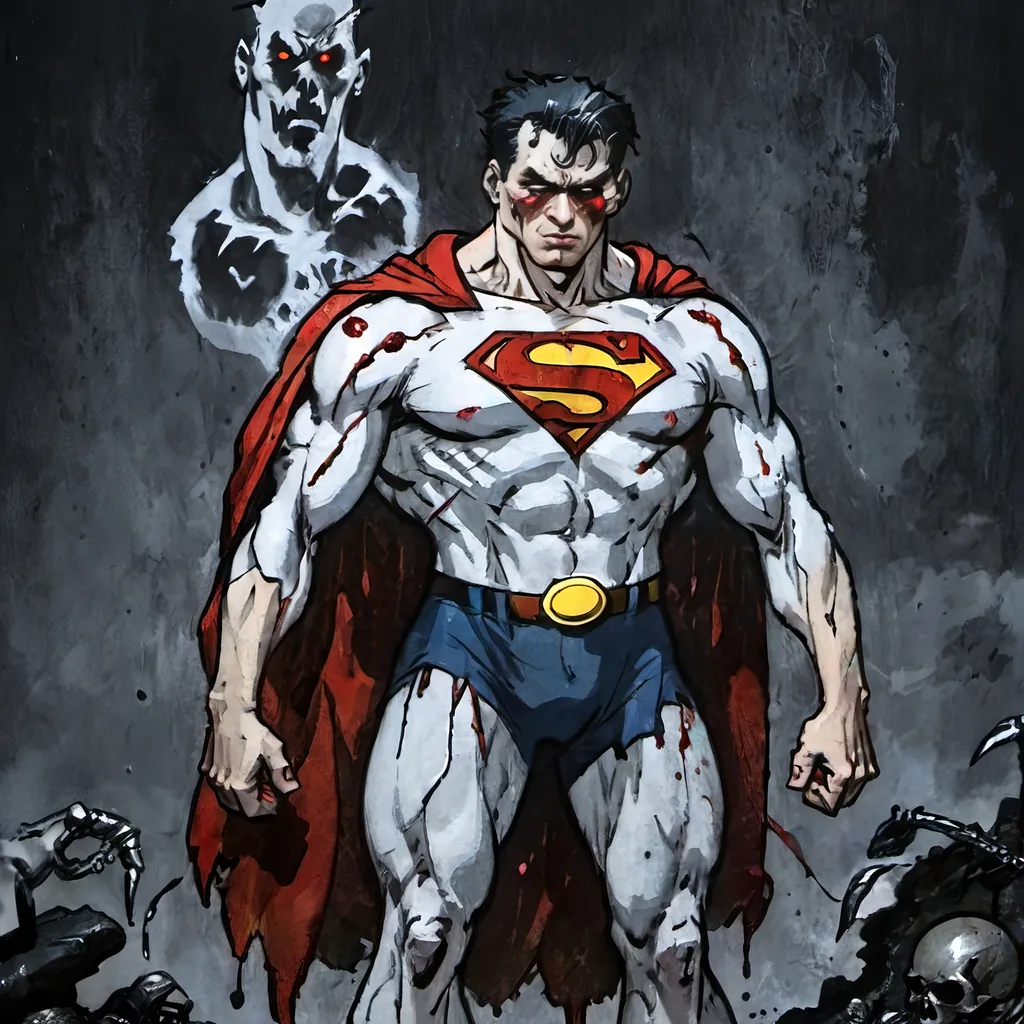 Prompt: Muscular, dark gritty, bloody, hurt, damaged, accurate, realistic, evil eyes, slow exposure, detailed, dirty, dark and gritty, post-apocalyptic, shadows, sinister, intense, misc-macabre, Todd McFarlane Spawn superman variant, slow exposure, sinister lighting, high quality, detailed shadows