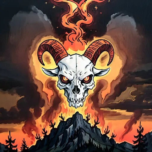 Prompt: Satanic goat skull with symmetrical design, devil from hell, digital art, high quality, detailed, dark digital art, symmetrical composition, fiery glow, sinister atmosphere, demonic presence, haunting eyes, hellish landscape, professional, intense colors, dramatic lighting