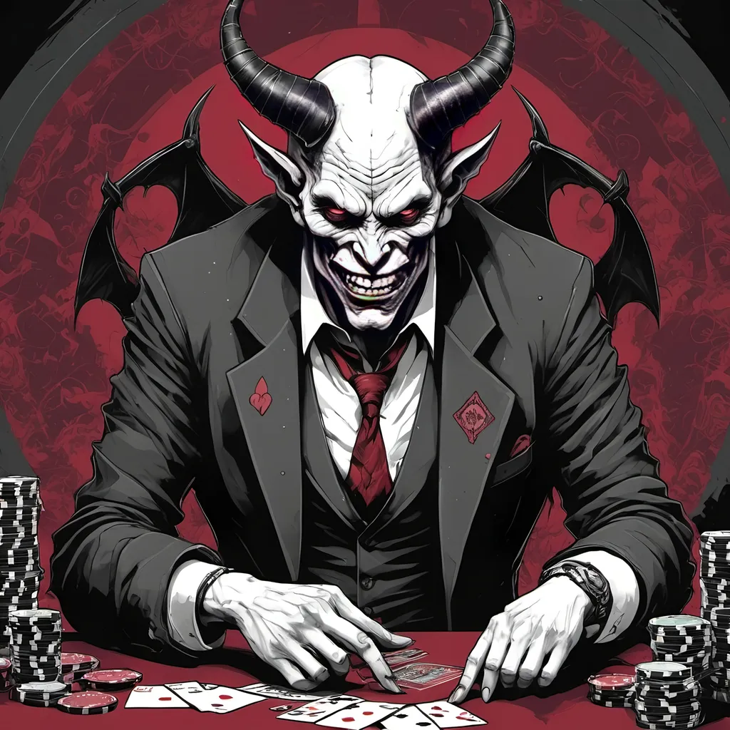 Prompt: gambling personified as a demon realistic with a dark red and black themed gothic background