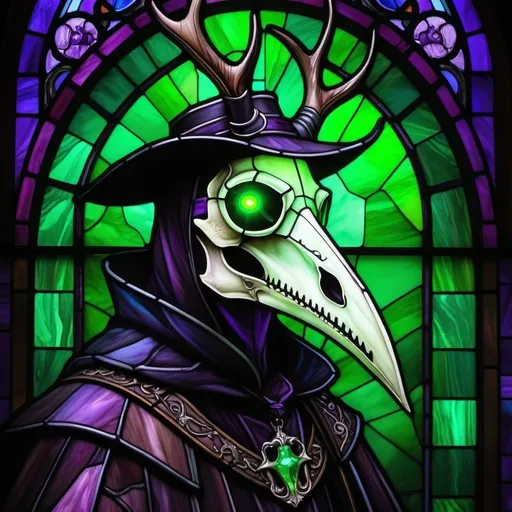 Prompt: Gothic horror illustration of a menacing plague doctor, eerie green glow, haunting deer skull with antlers, high-res, detailed, haunting, horror, glowing green eyes, gothic, plague doctor, detailed skull, purple eerie lighting