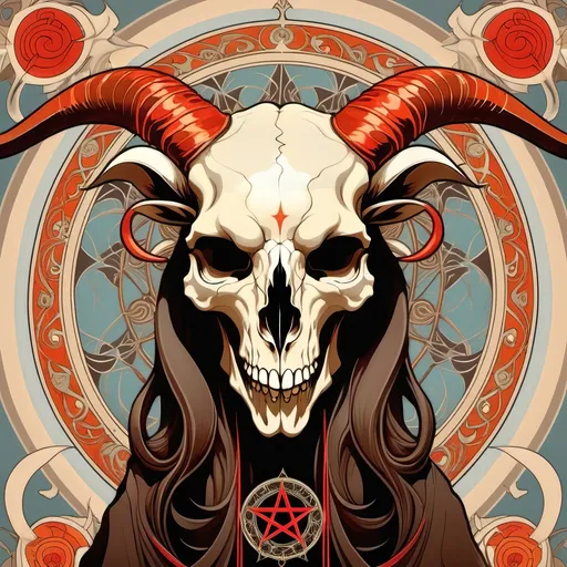 Prompt: Design cover album, Satanic goat skull, symmetrical, with devil from hell, digital art