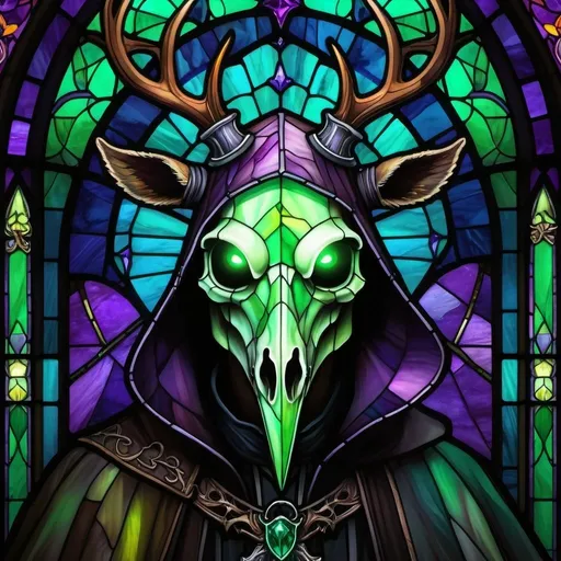 Prompt: high-res, detailed, gothic horror illustration of a menacing plague doctor, haunting deer skull with antlers, eerie green glow, glowing green eyes, haunting, horror, gothic, detailed skull, eerie lighting, purple, stained glass style