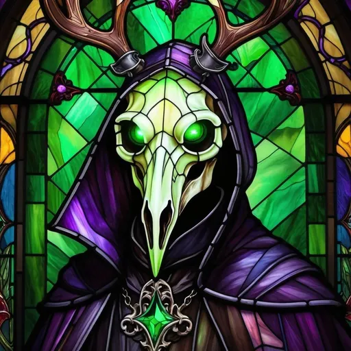 Prompt: high-res, detailed, gothic horror illustration of a menacing plague doctor, haunting deer skull with antlers, eerie green glow, glowing green eyes, haunting, horror, gothic, detailed skull, eerie lighting, purple, stained glass style