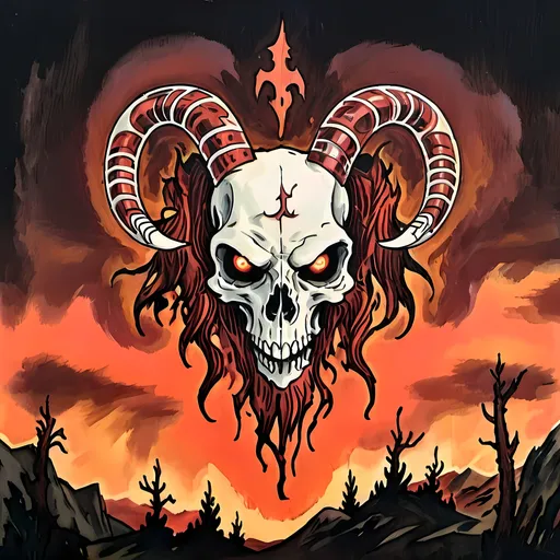 Prompt: Satanic goat skull with symmetrical design, devil from hell, digital art, high quality, detailed, dark digital art, symmetrical composition, fiery glow, sinister atmosphere, demonic presence, haunting eyes, hellish landscape, professional, intense colors, dramatic lighting
