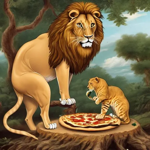 Prompt: A cat sitting over a branch eating a lion and the lion eating a pizza 


