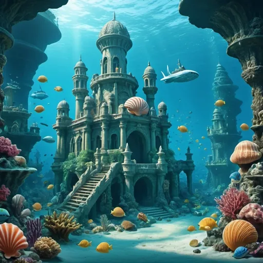 Prompt: Undersea Kingdom: A vibrant and ancient kingdom, with cities built from coral and giant shells.