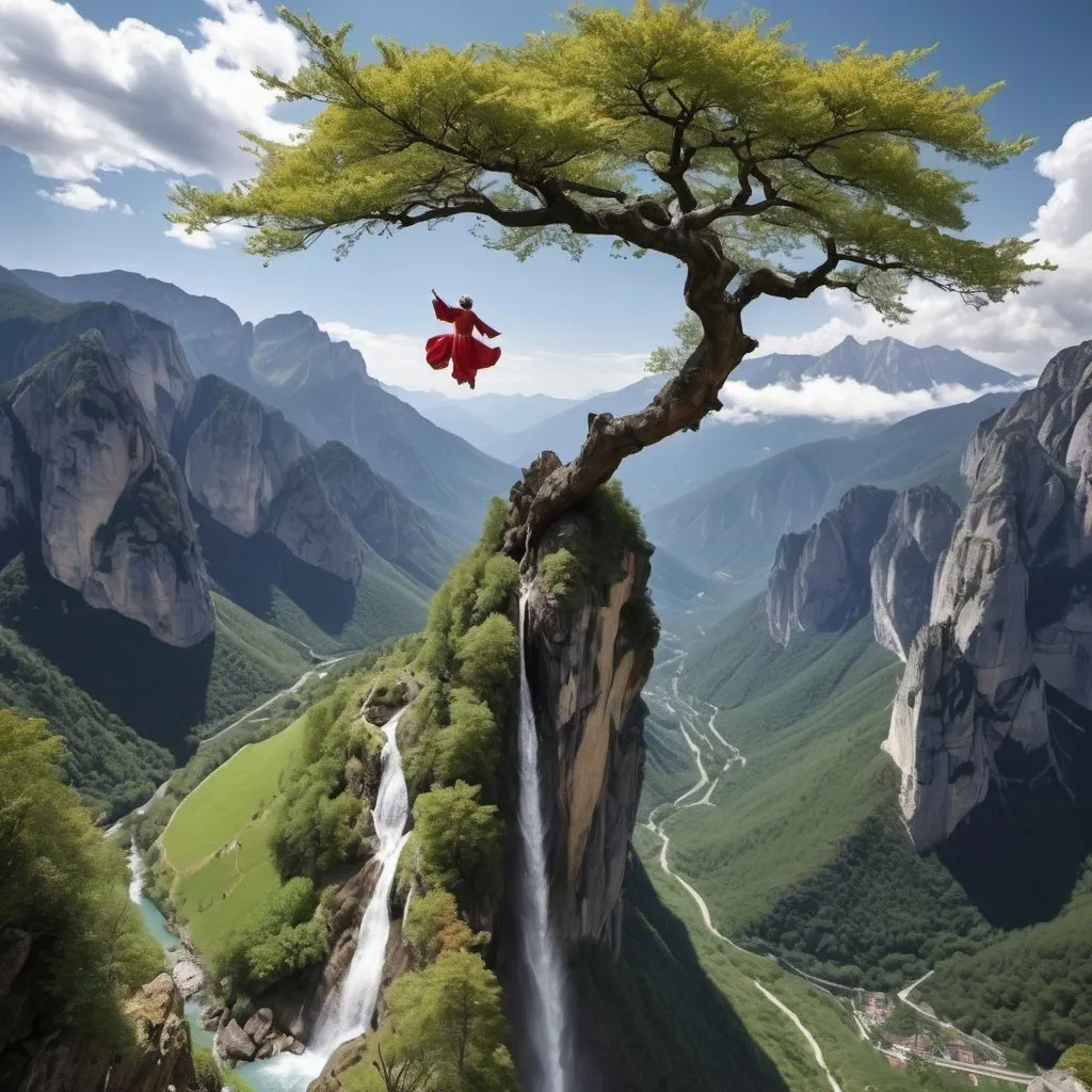 Prompt: quiero que me realices una imagen real del salto angel de venezuela en un contexto en las montañas de los alpes italianos y con un estilo de los arboles de cerezos japones con una imagen full hd y pasajistico realistico