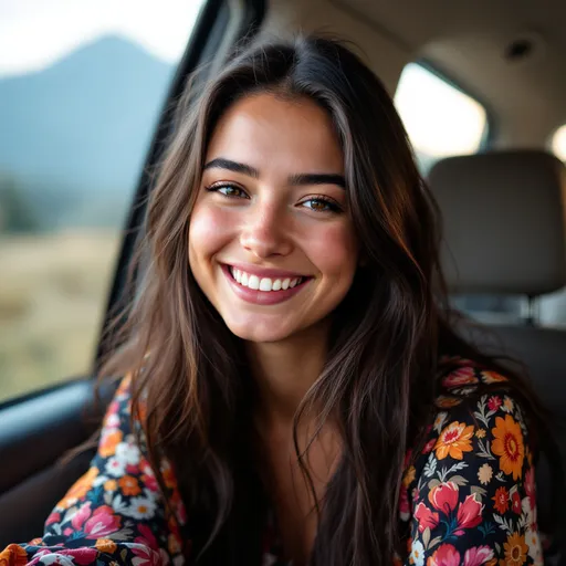 Prompt: A young woman with long, dark hair smiles warmly as she sits inside a vehicle. The background reveals a glimpse of an open window, hinting at a scenic view outside, with soft, diffused daylight suggesting an early evening or late afternoon setting. She wears a colorful, patterned top adorned with vibrant motifs that contrast beautifully with her fair complexion, accentuating her cheerful expression. The focus is primarily on her face, capturing a moment of casual serenity, where the blend of natural light and her soft smile creates an inviting and friendly atmosphere.