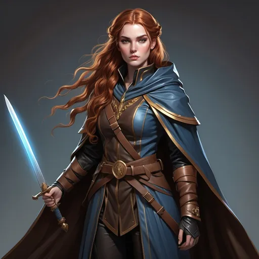 Prompt: Female aasimar with long wavy auburn hair pulled into a single French braid, blue eys with gold in the middle, wearing all sleek brown leather and a black cloak. She is equipped with two short swords.